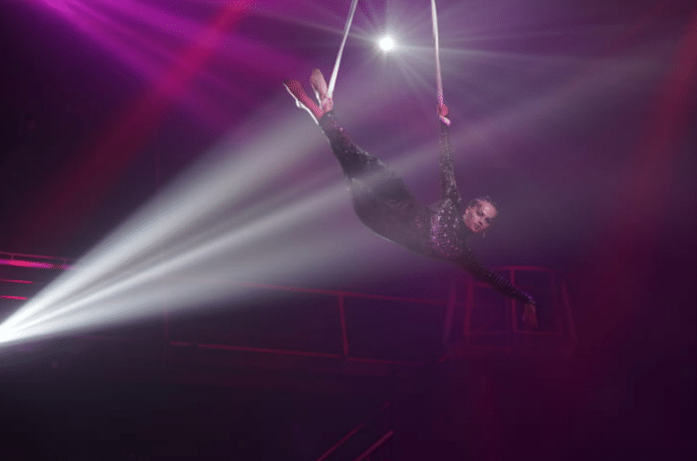 How to Plan a Romantic Vacation in Las Vegas 3 A person performing acrobatic elements on aerial straps against dark purple background and white lights.