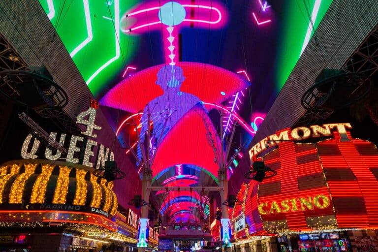 The zipline underneath the LED canopy over Fremont Street. This area is between 4 Queens and Fremont Casino.