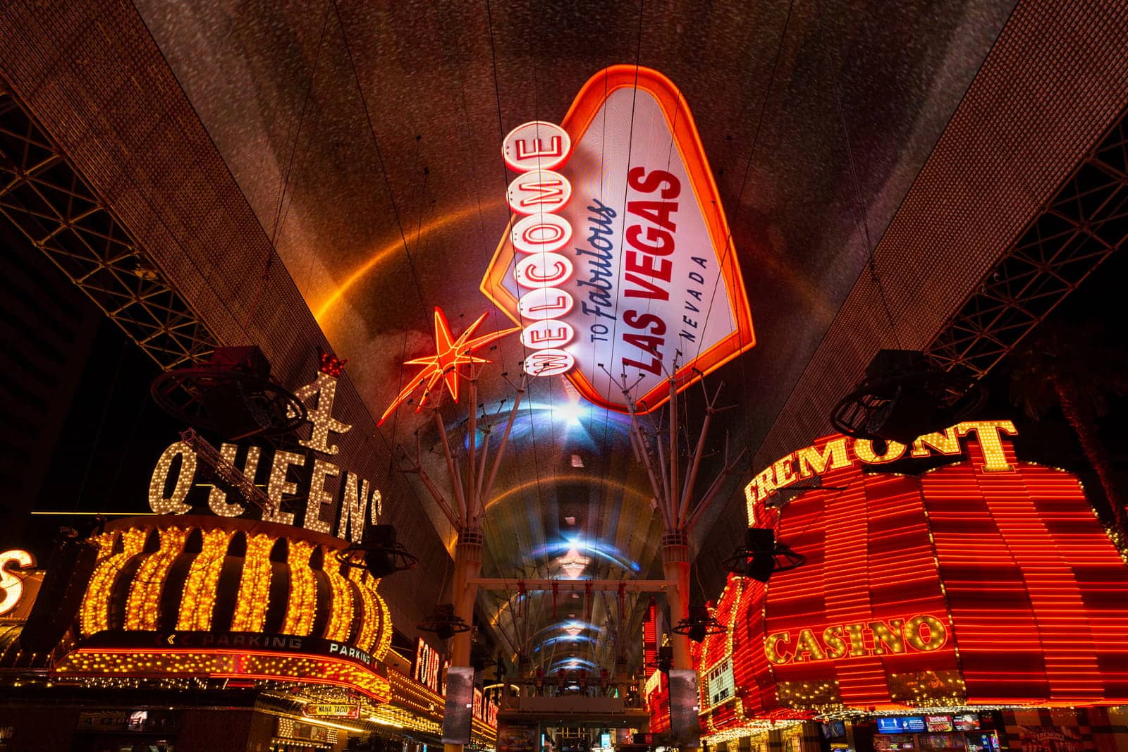 The zipline underneath the LED canopy over Fremont Street. This area is between 4 Queens and Fremont Casino.