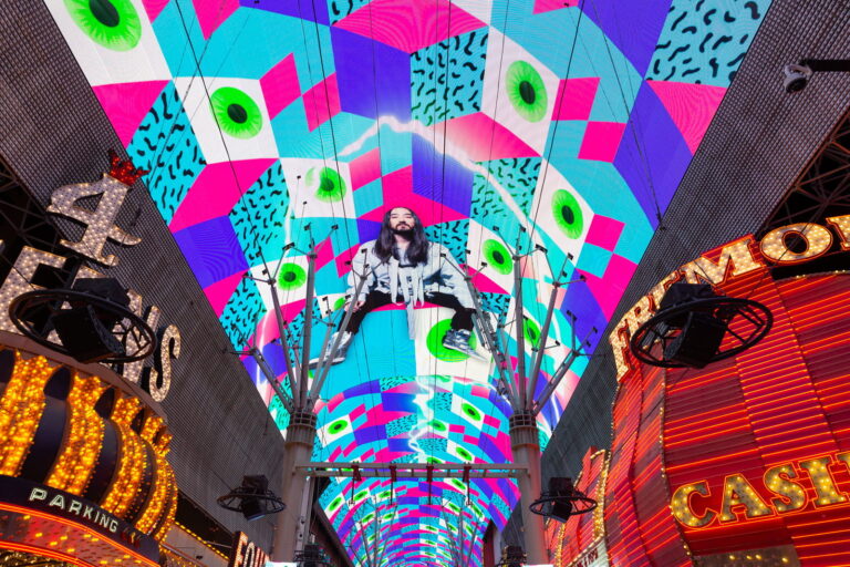 The SlotZilla zipline underneath the canopy lights at Fremont Street Experience. 